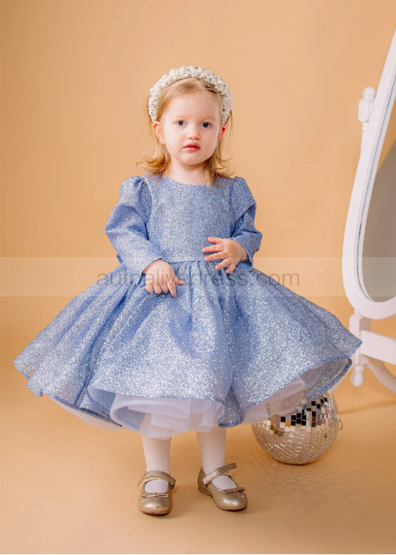 Long Sleeves Blue Glitter V Back Flower Girl Dress